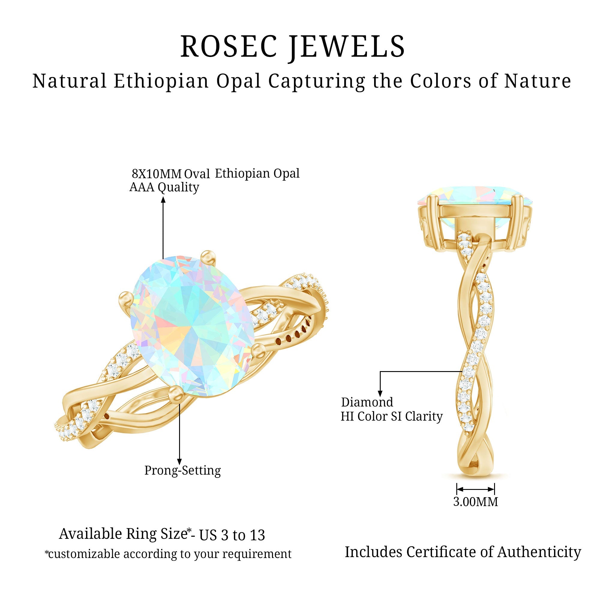 Real 8X10mm Ethiopian Rainbow Opal Engagement Ring with Diamond Braided Shank