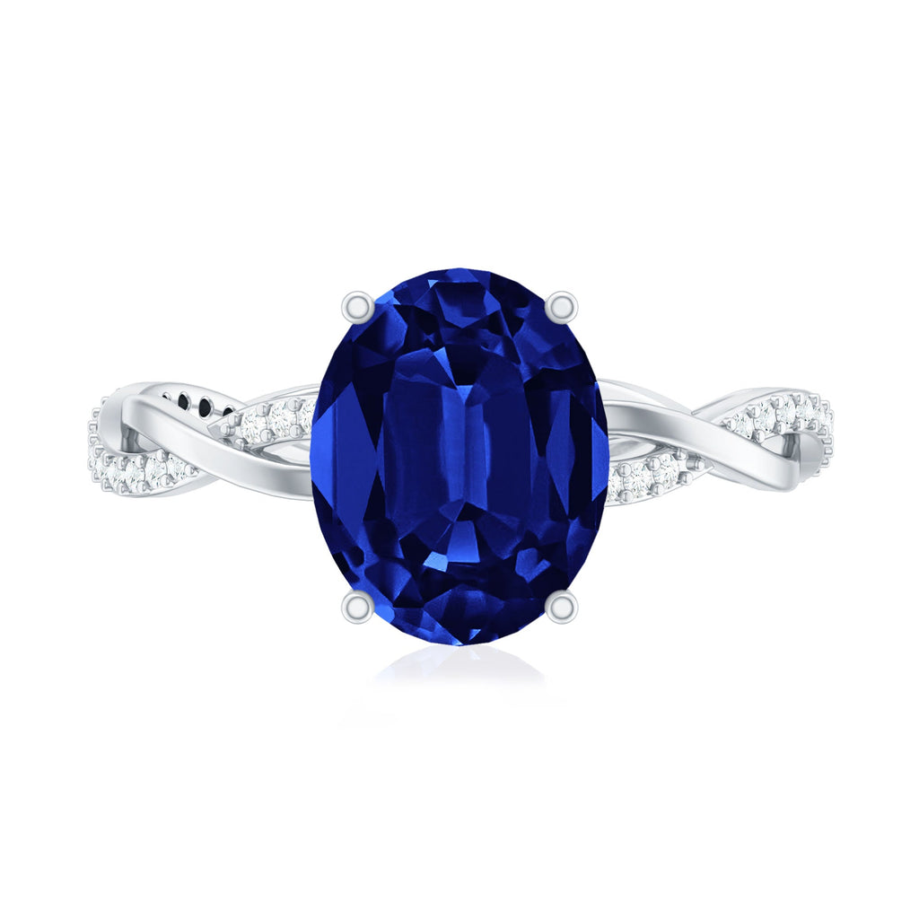 Certified 4 Carat Lab Grown Blue Sapphire Oval Engagement Ring with Diamond Braided Shank