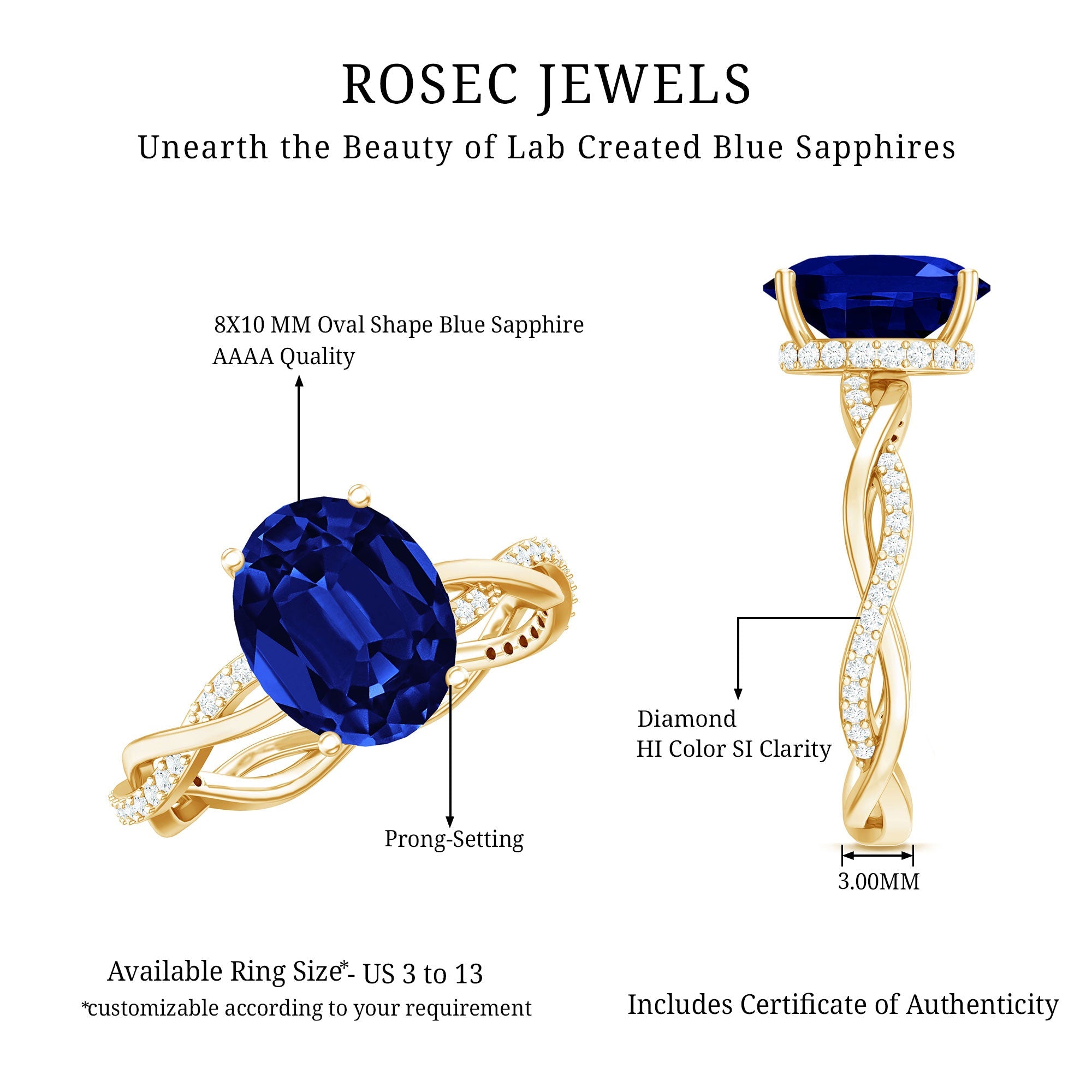 Certified 4 Carat Lab Grown Blue Sapphire Oval Engagement Ring with Diamond Braided Shank