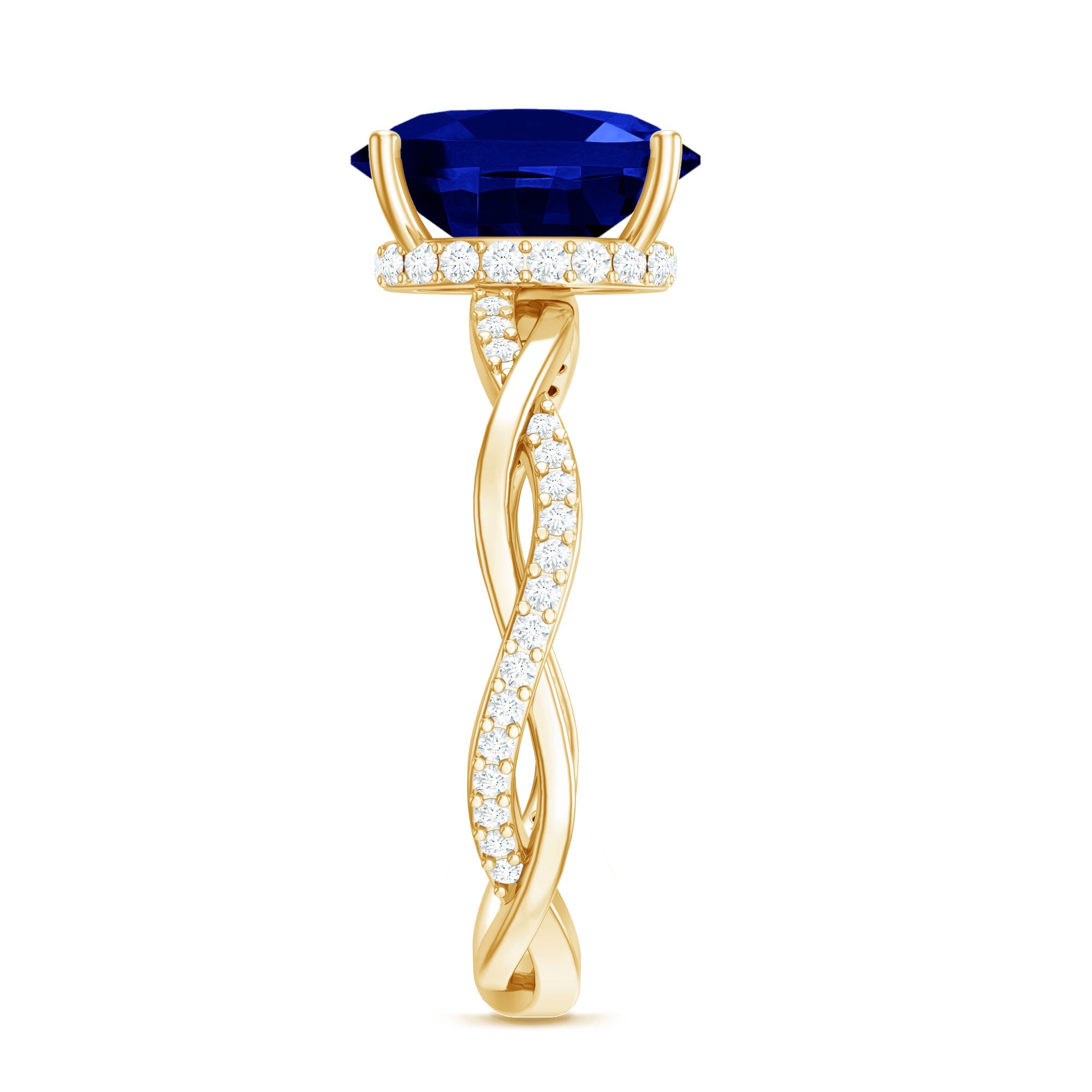 Certified 4 Carat Lab Grown Blue Sapphire Oval Engagement Ring with Diamond Braided Shank