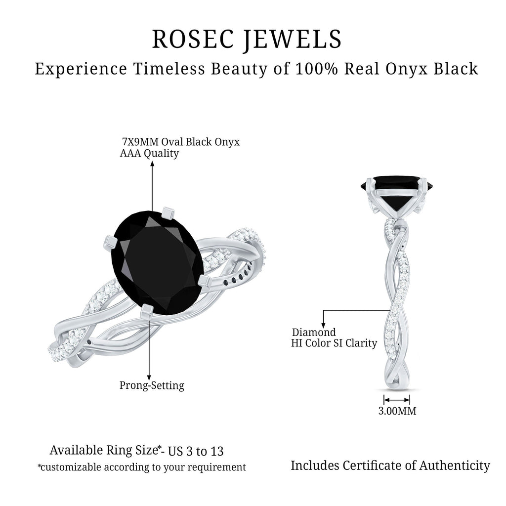 Oval Shaped 7X9MM Black Onyx and Diamond Braided Engagement Ring
