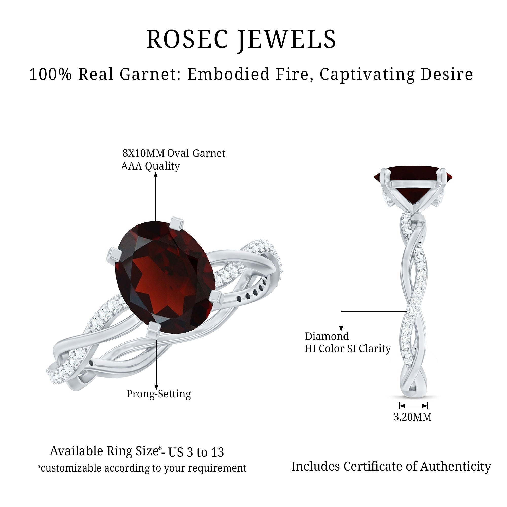 Natural 8X10mm Garnet Big Engagement Ring with Diamond Braided Shank