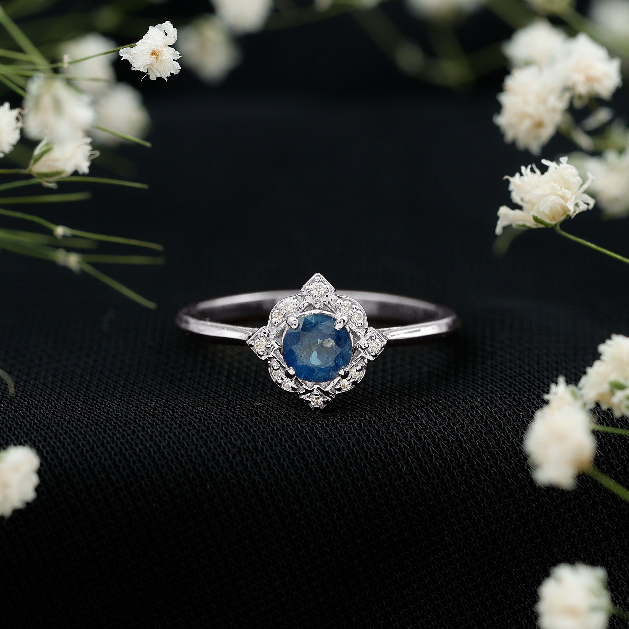 1 CT Vintage Blue Sapphire and Diamond Engagement Ring