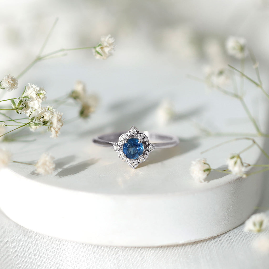 1 CT Vintage Blue Sapphire and Diamond Engagement Ring