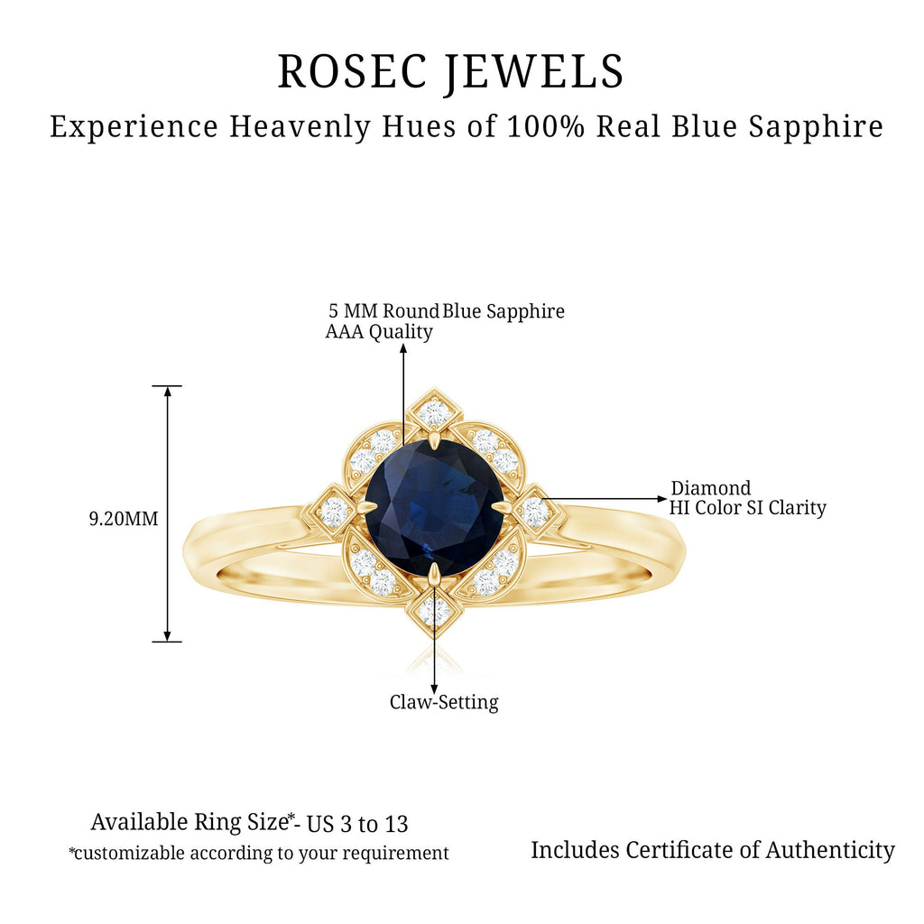 1 CT Vintage Blue Sapphire and Diamond Engagement Ring