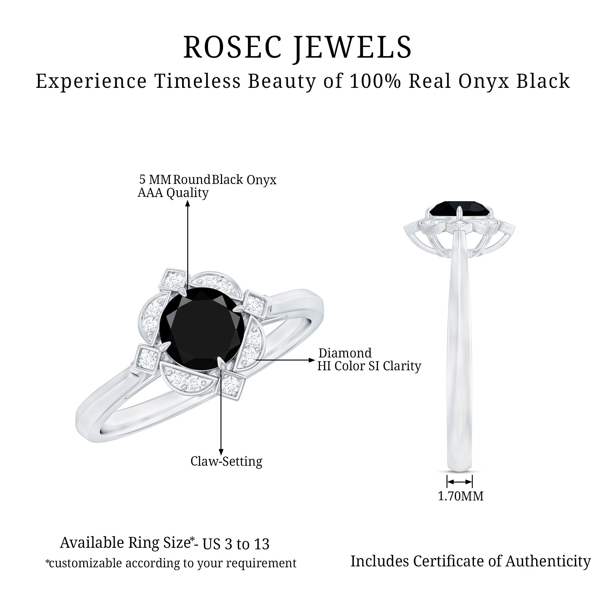 Round Cut Black Onyx and Diamond Flower Engagement Ring
