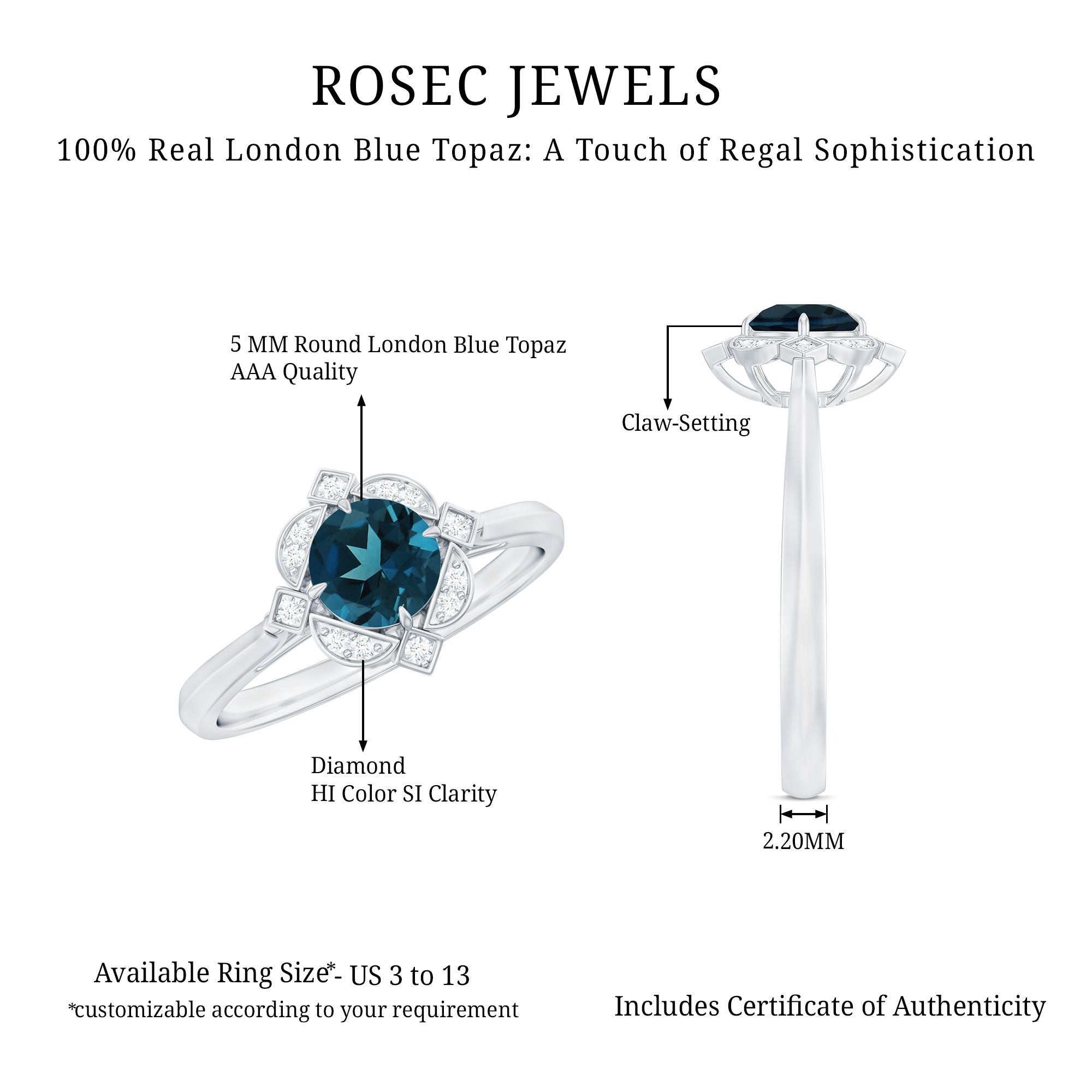 Round Cut London Blue Topaz and Diamond Flower Engagement Ring