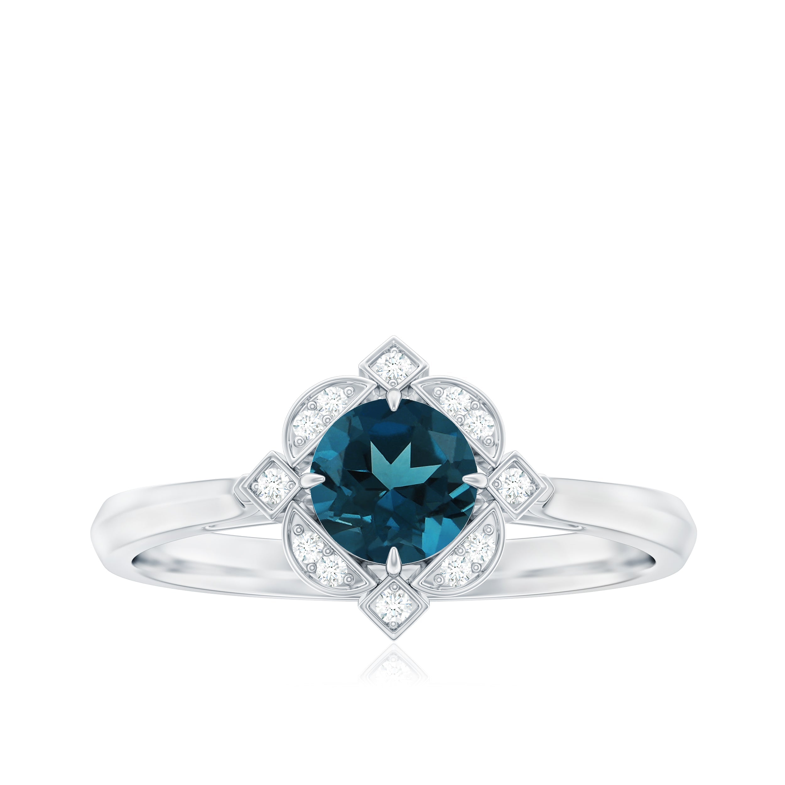 Round Cut London Blue Topaz and Diamond Flower Engagement Ring
