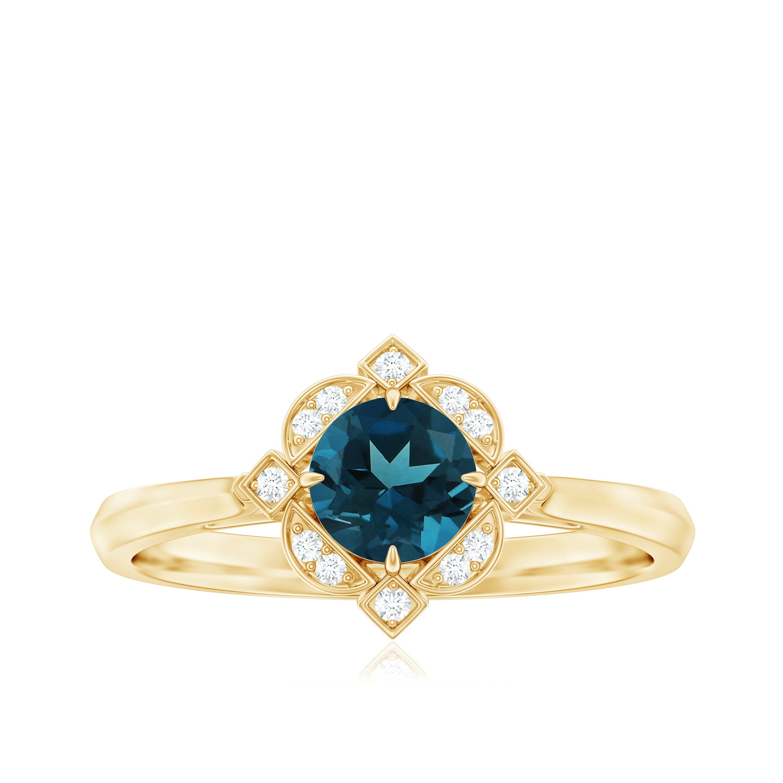 Round Cut London Blue Topaz and Diamond Flower Engagement Ring