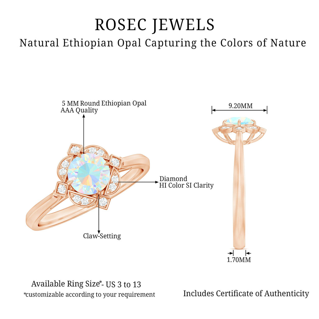 Real Ethiopian Opal Vintage Looking Engagement Ring with Diamond