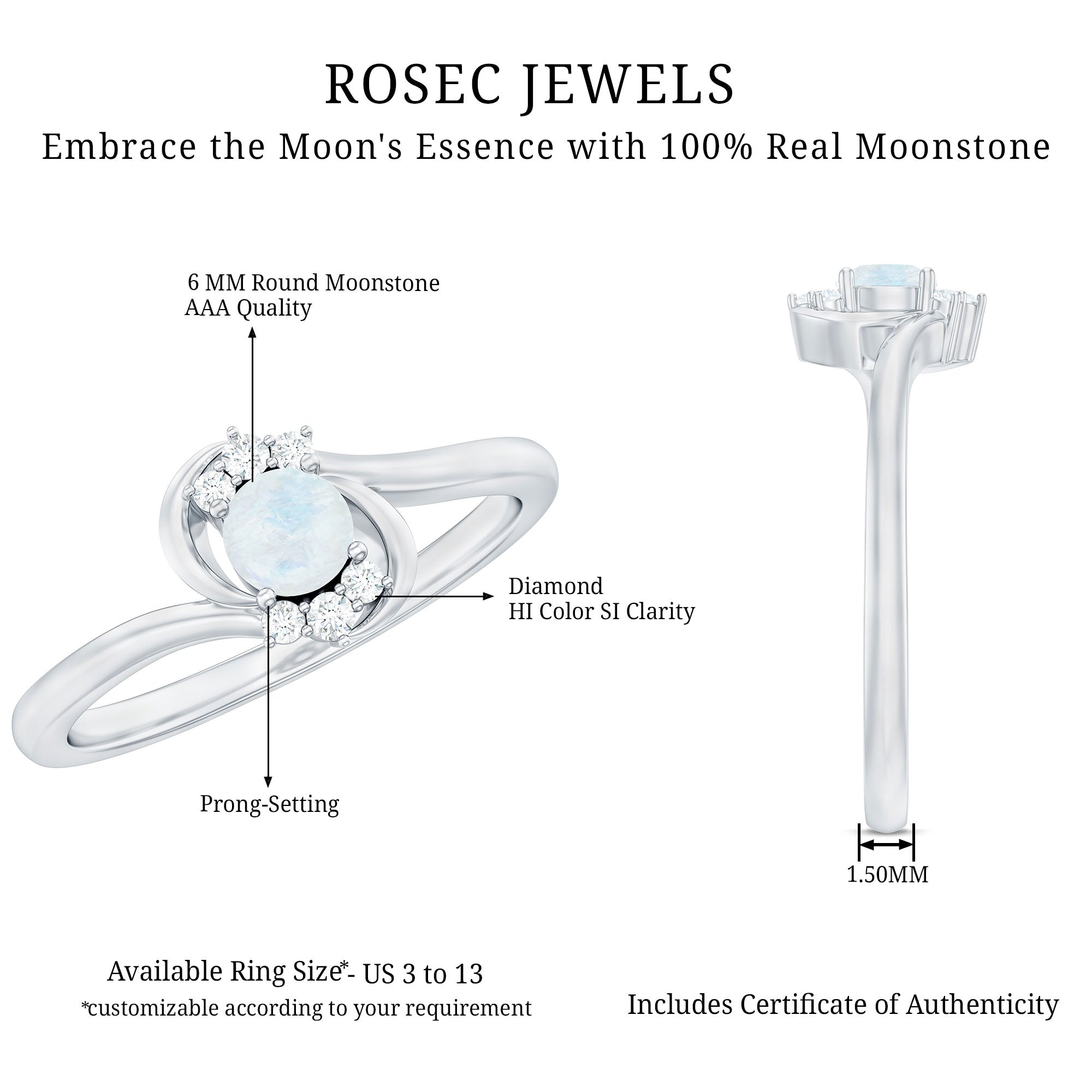 1/2 CT Moonstone and Diamond Bypass Promise Ring