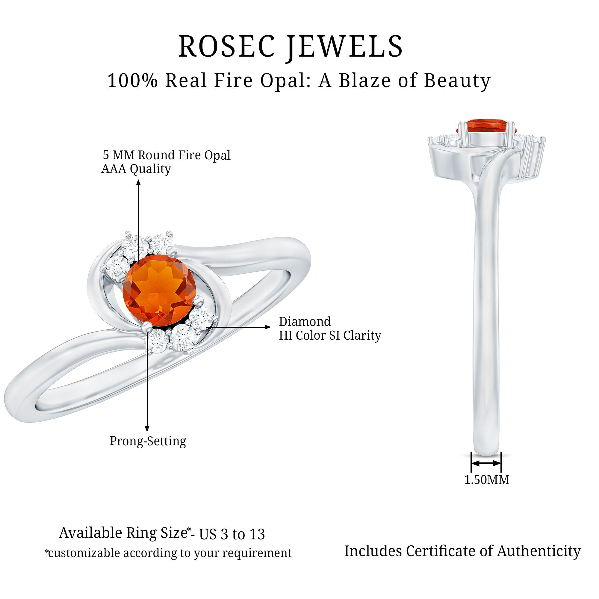 1/4 Ct Fire Opal and Diamond Bypass Promise Ring