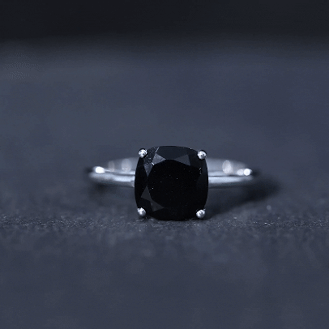 Certified Black Onyx 8MM Cushion Cut Engagement Ring