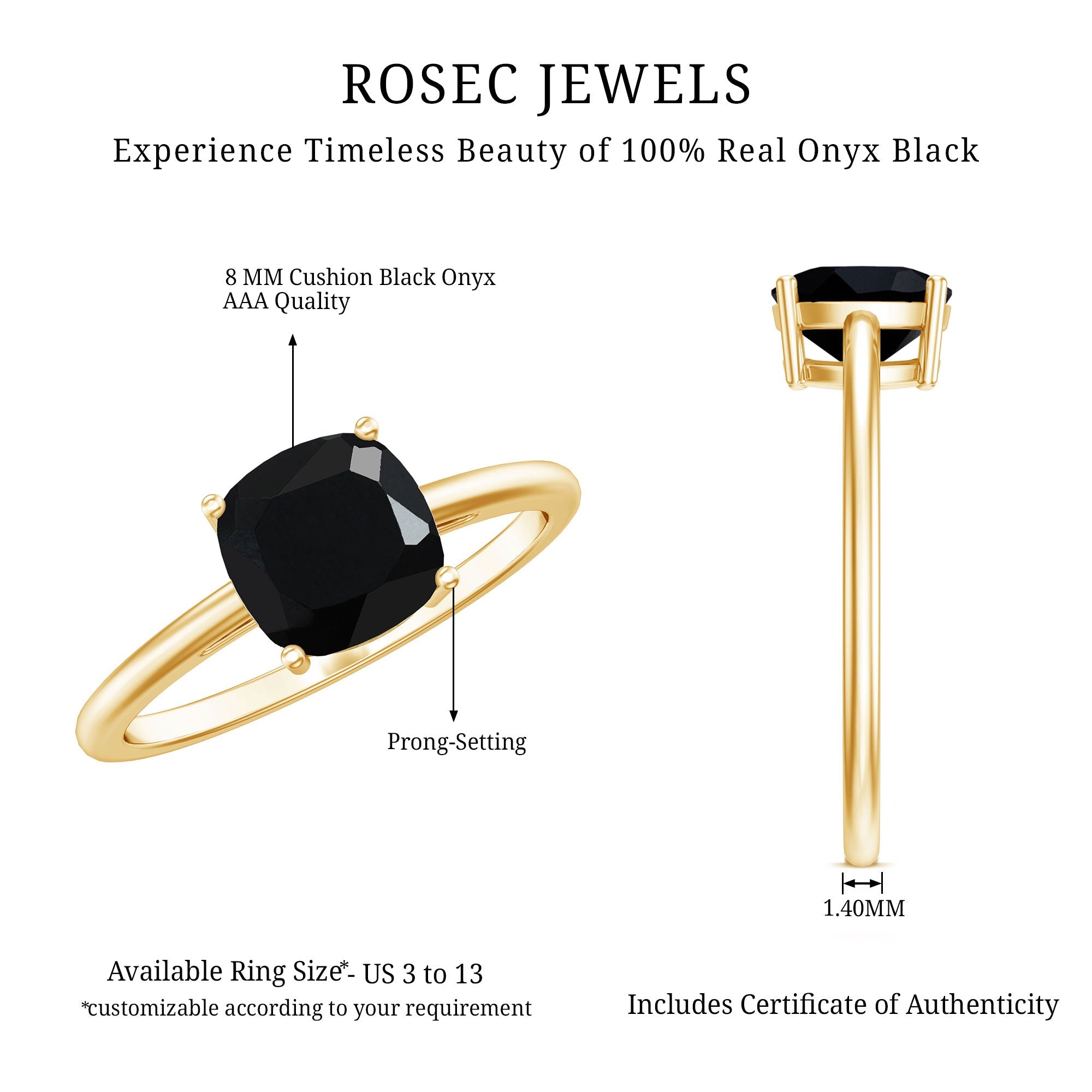 Certified Black Onyx 8MM Cushion Cut Engagement Ring