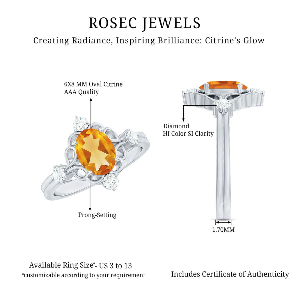 Vintage Style 6X8mm Citrine Oval Engagement Ring with Diamond