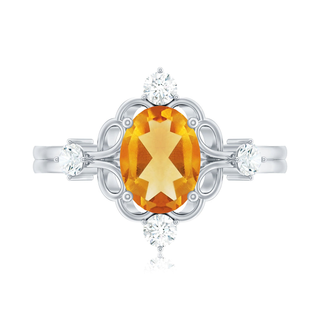 Vintage Style 6X8mm Citrine Oval Engagement Ring with Diamond