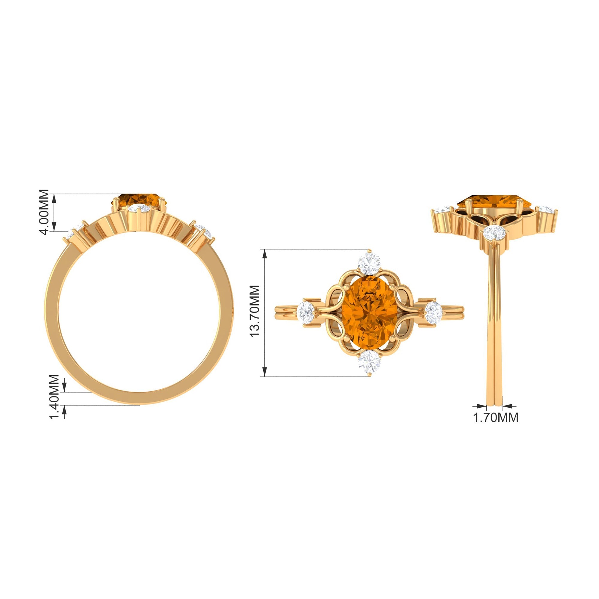 Vintage Style 6X8mm Citrine Oval Engagement Ring with Diamond