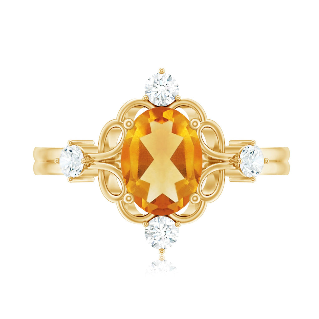 Vintage Style 6X8mm Citrine Oval Engagement Ring with Diamond