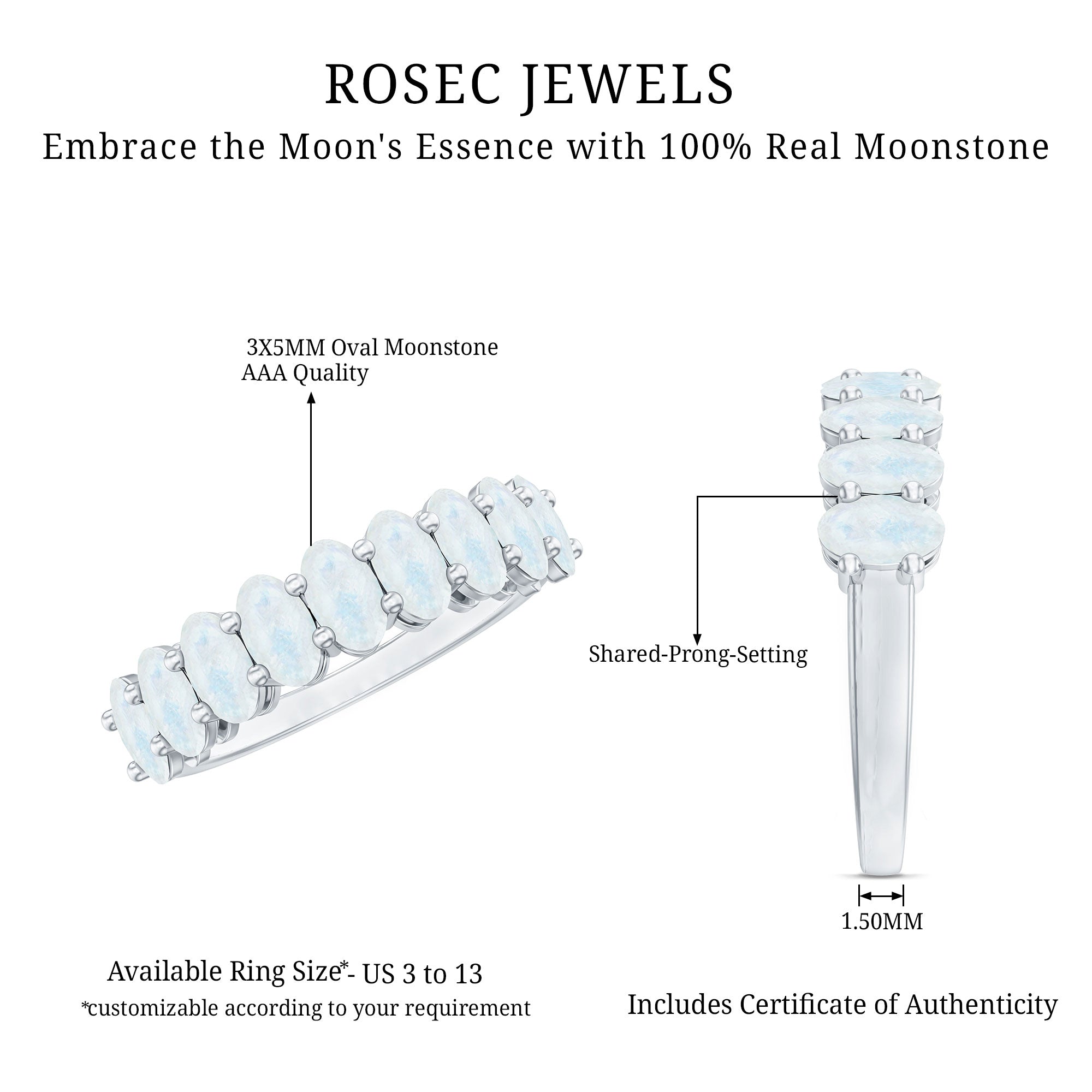 Oval Cut Moonstone Half Eternity Wedding Band Ring