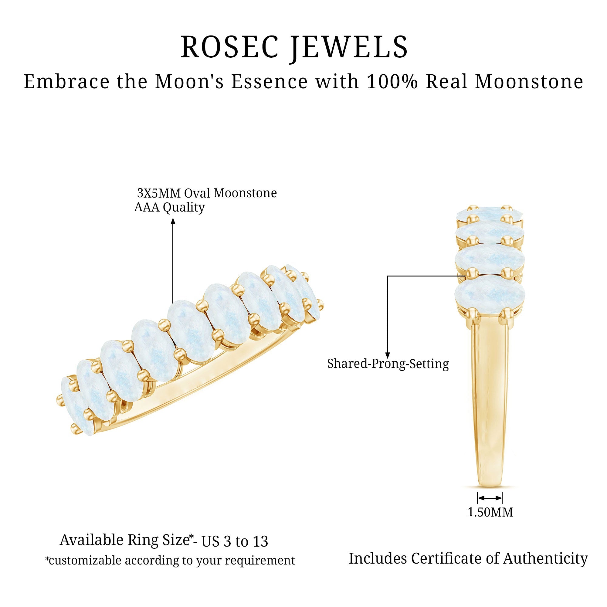 Oval Cut Moonstone Half Eternity Wedding Band Ring