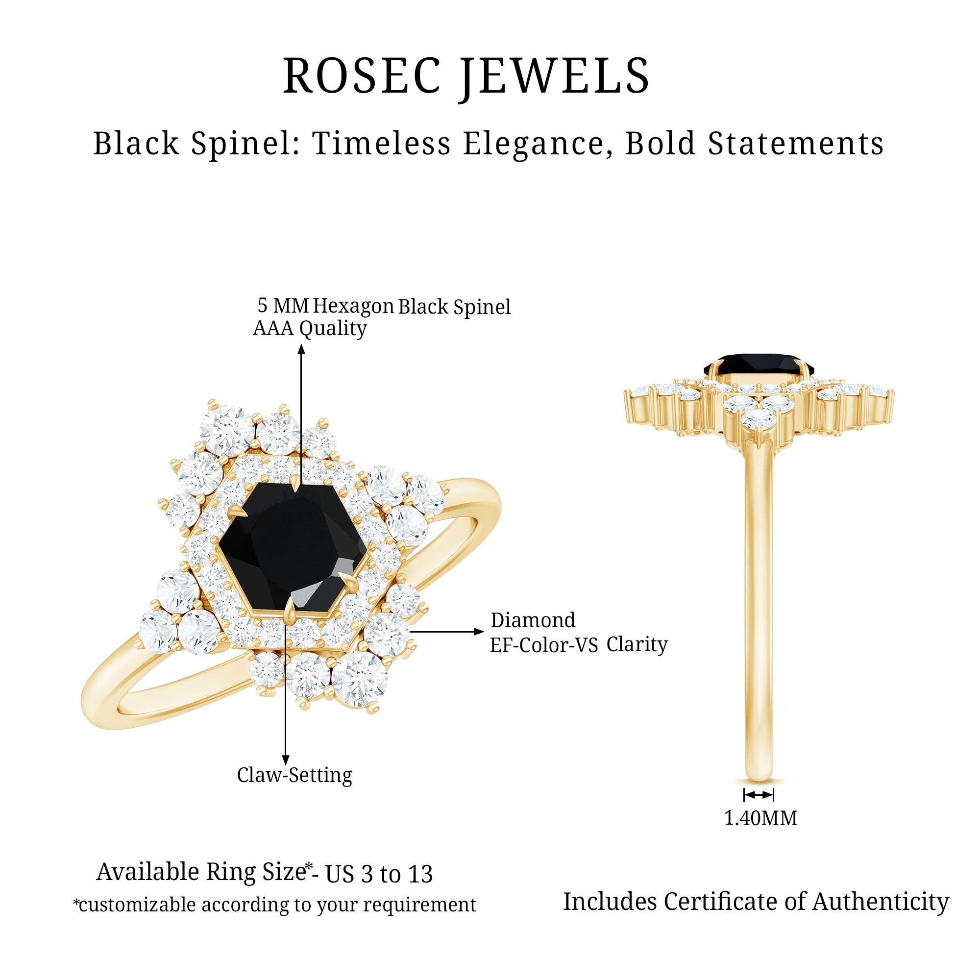 Black Spinel and Diamond Vintage Engagement Ring in Silver