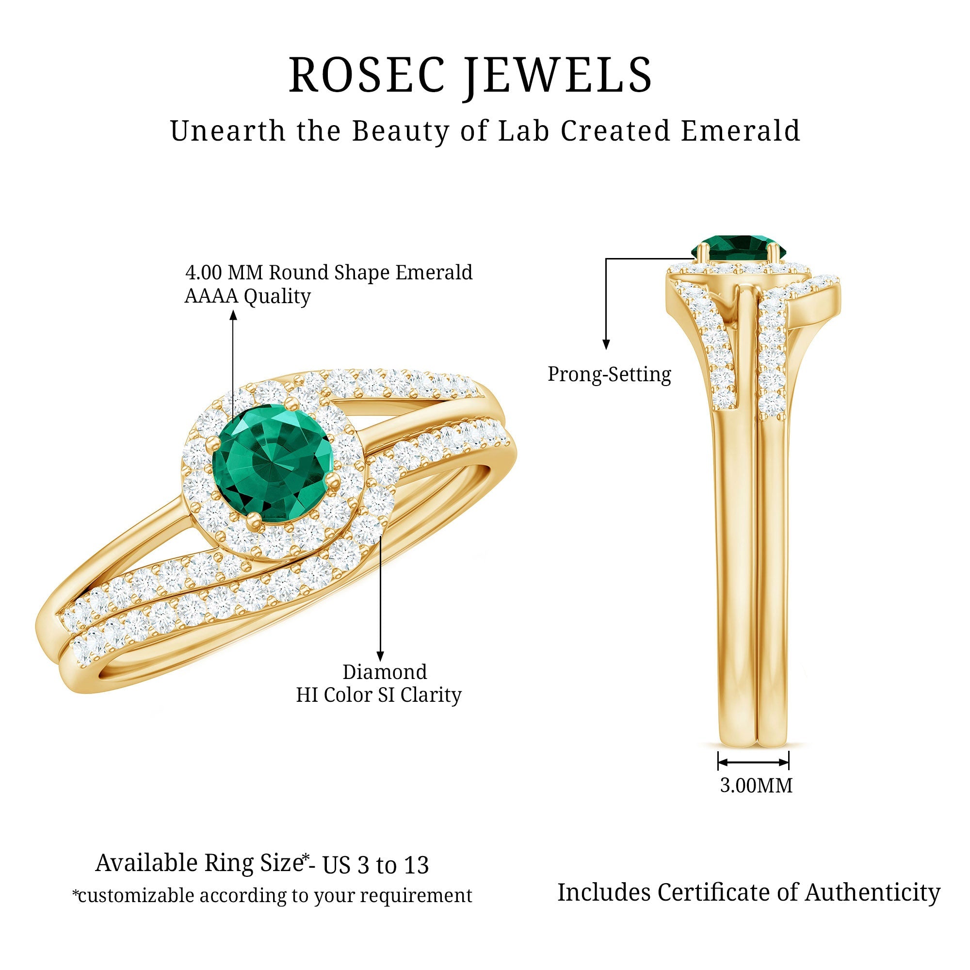 Certified Lab Grown Emerald Diamond Wedding Bridal Ring Set of 2