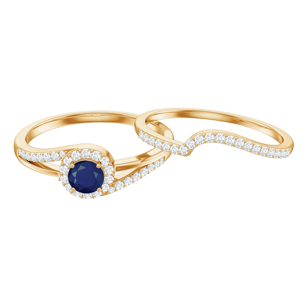 1 CT Bypass Blue Sapphire and Diamond Wedding Ring Set
