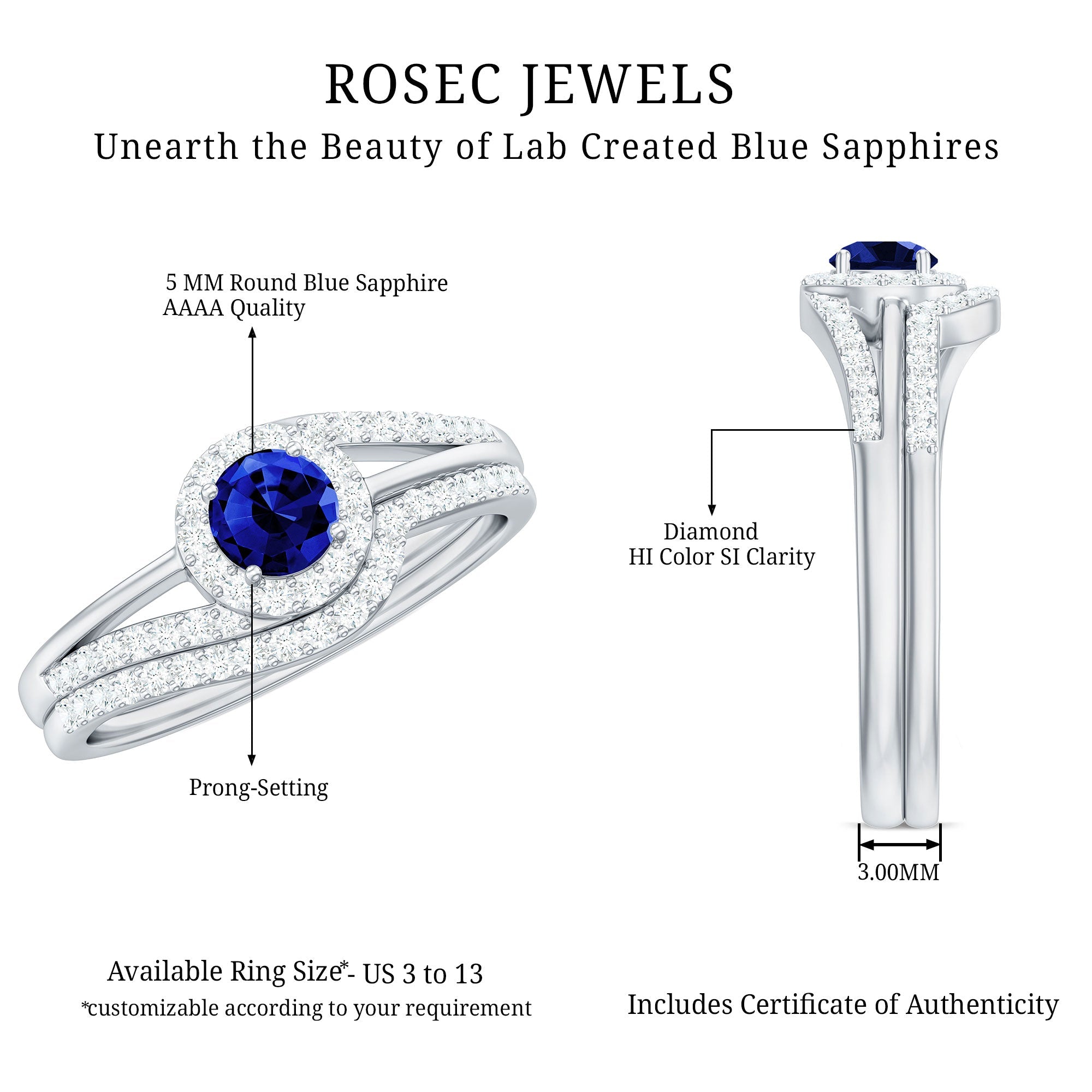Certified Lab Grown Blue Sapphire Wedding Engagement Ring Set with Diamond