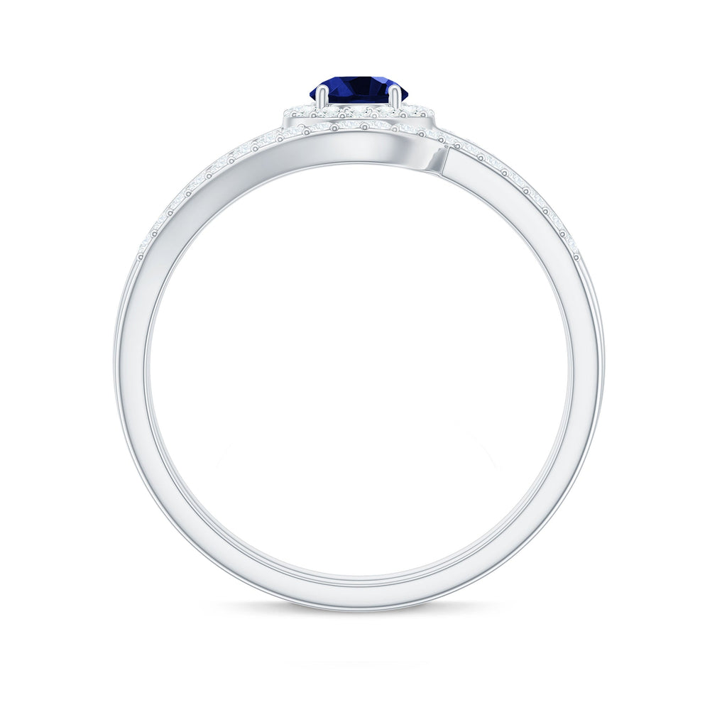 Certified Lab Grown Blue Sapphire Wedding Engagement Ring Set with Diamond