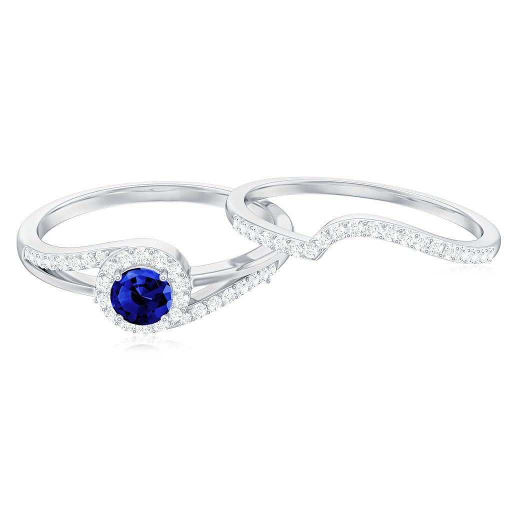 Certified Lab Grown Blue Sapphire Wedding Engagement Ring Set with Diamond