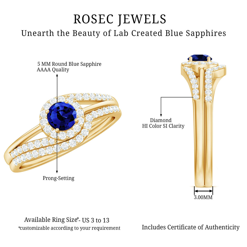 Certified Lab Grown Blue Sapphire Wedding Engagement Ring Set with Diamond