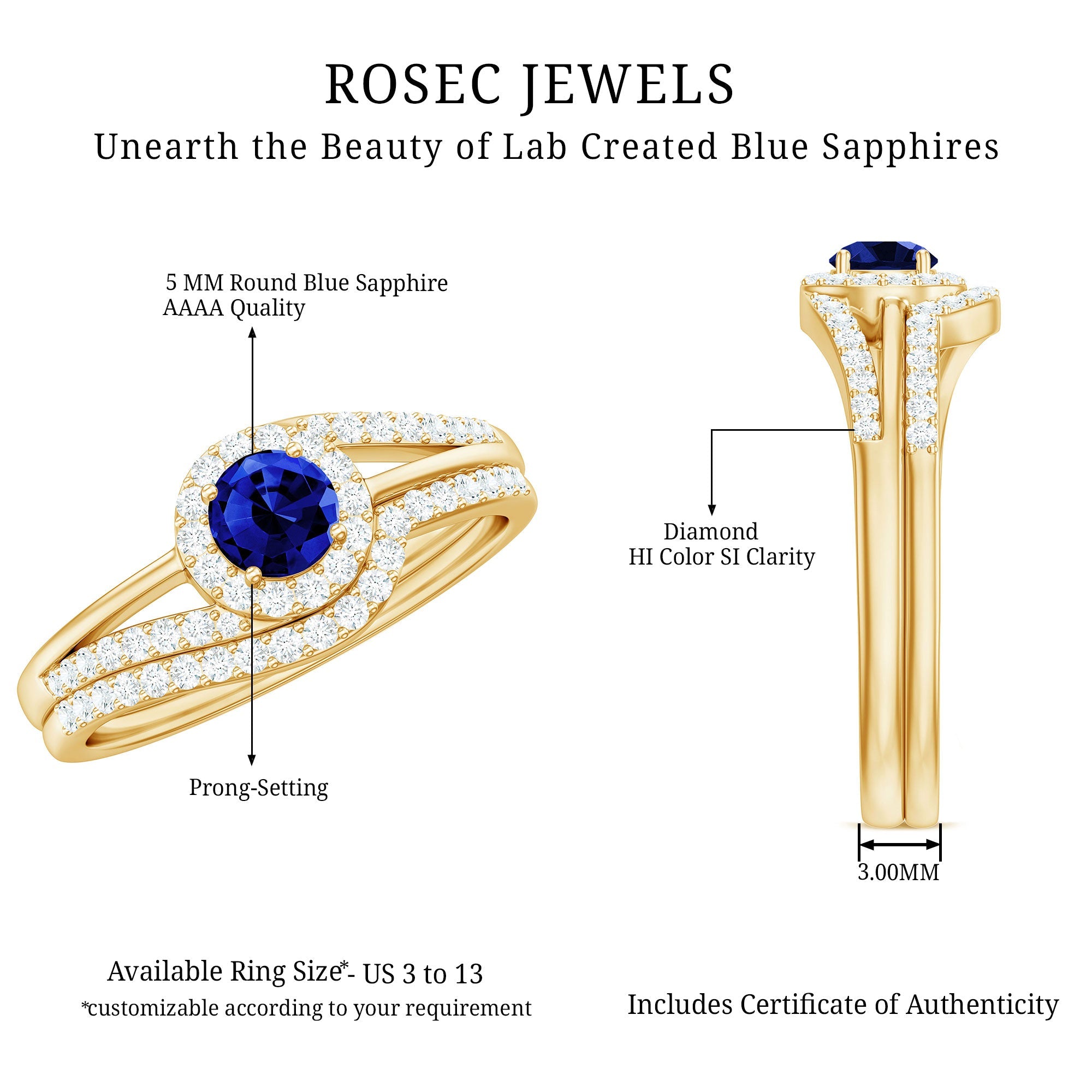 Certified Lab Grown Blue Sapphire Wedding Engagement Ring Set with Diamond