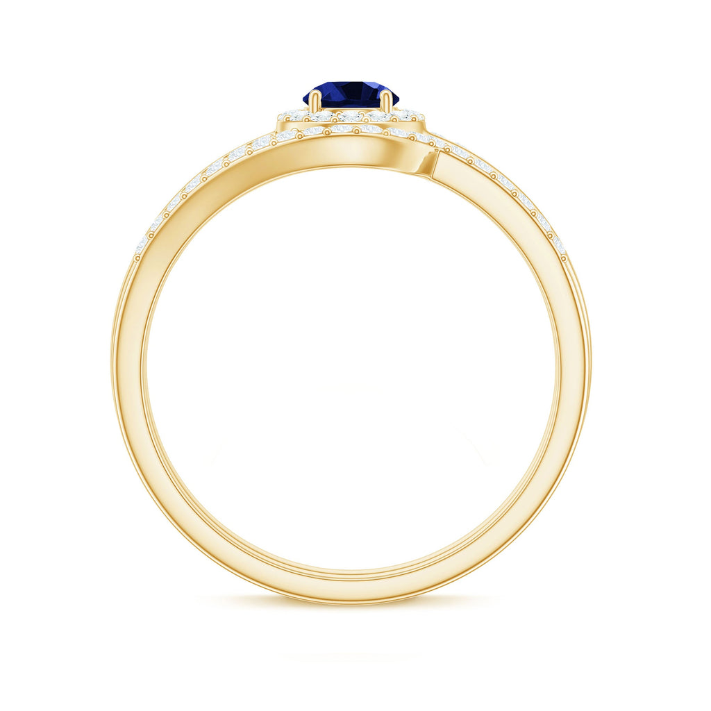 Certified Lab Grown Blue Sapphire Wedding Engagement Ring Set with Diamond