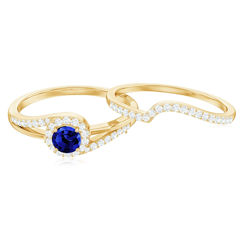 Certified Lab Grown Blue Sapphire Wedding Engagement Ring Set with Diamond