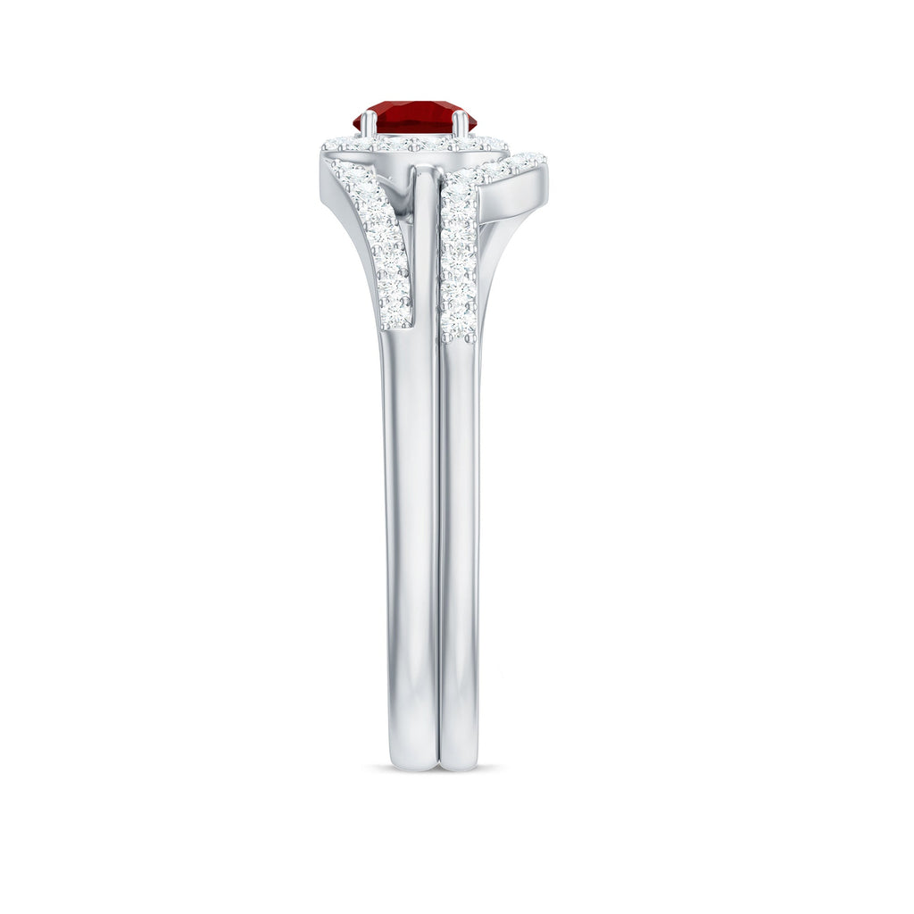 Certified Lab Ruby and Diamond Halo Wedding Ring Set