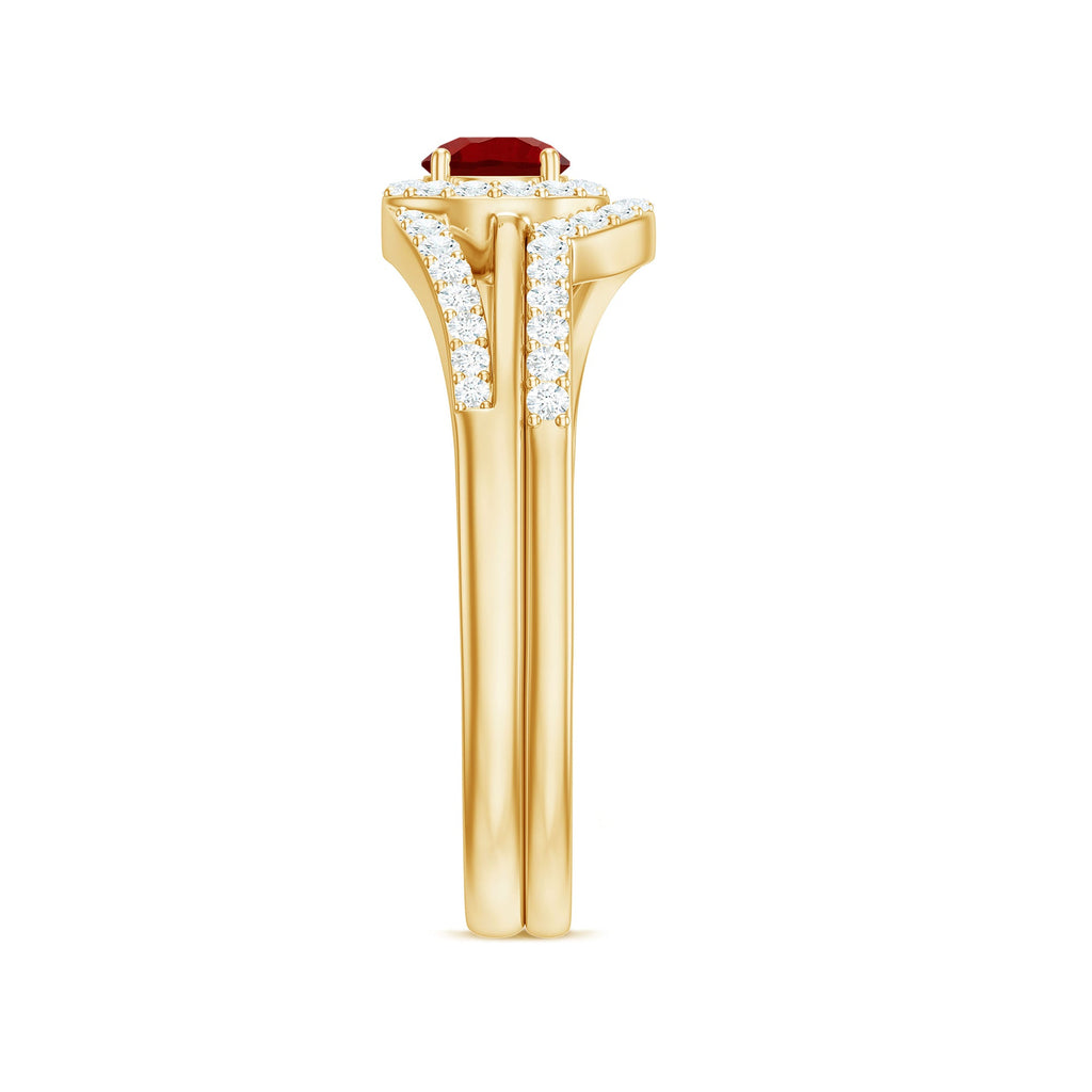 Certified Lab Ruby and Diamond Halo Wedding Ring Set