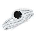 Black Onyx Minimal Wedding Rings Set with Diamond Curved Band