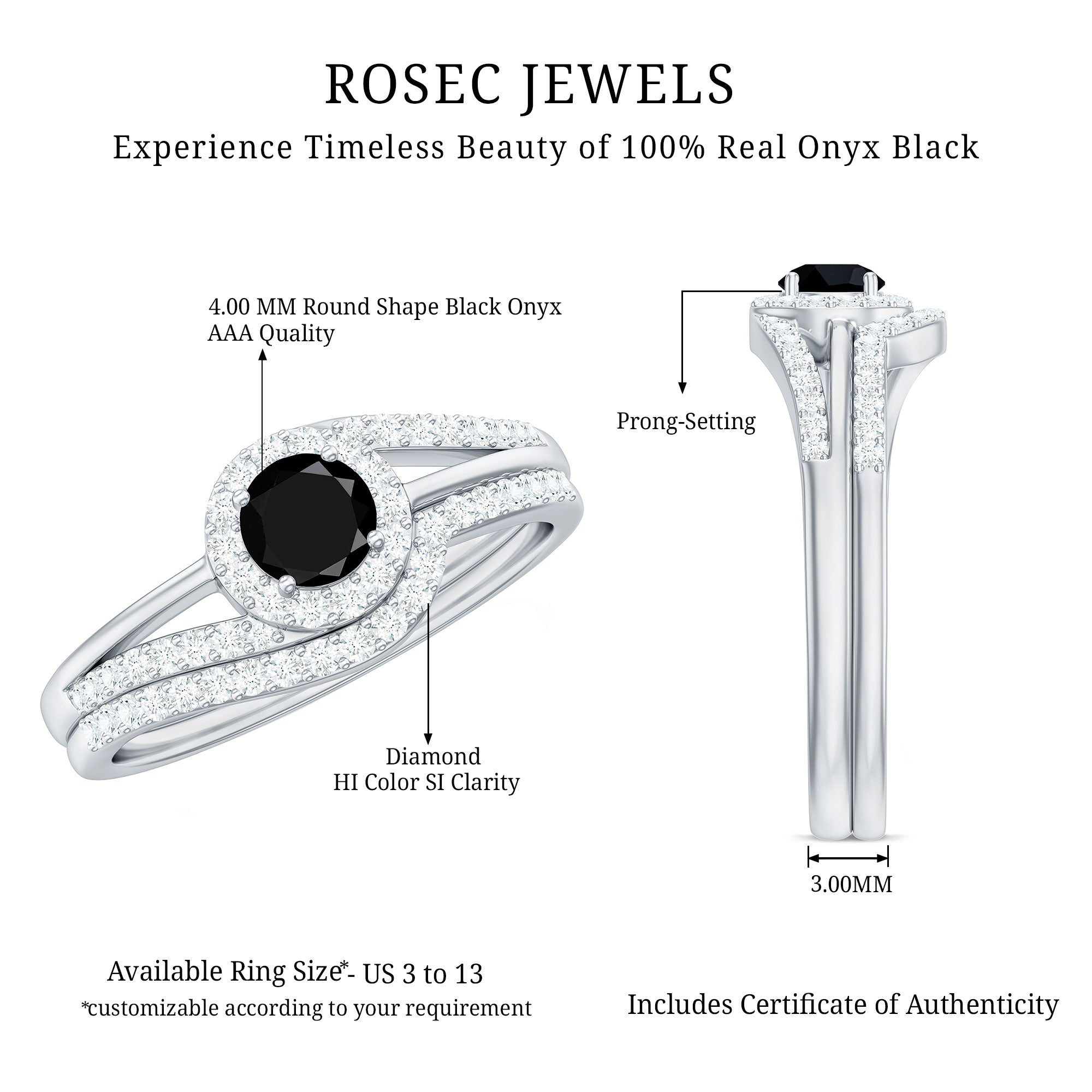 Black Onyx Minimal Wedding Rings Set with Diamond Curved Band