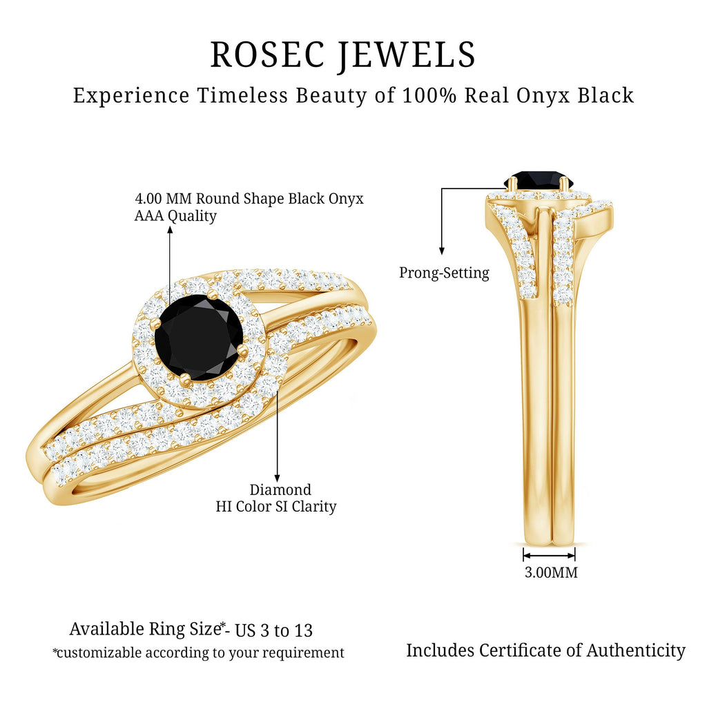 Black Onyx Minimal Wedding Rings Set with Diamond Curved Band