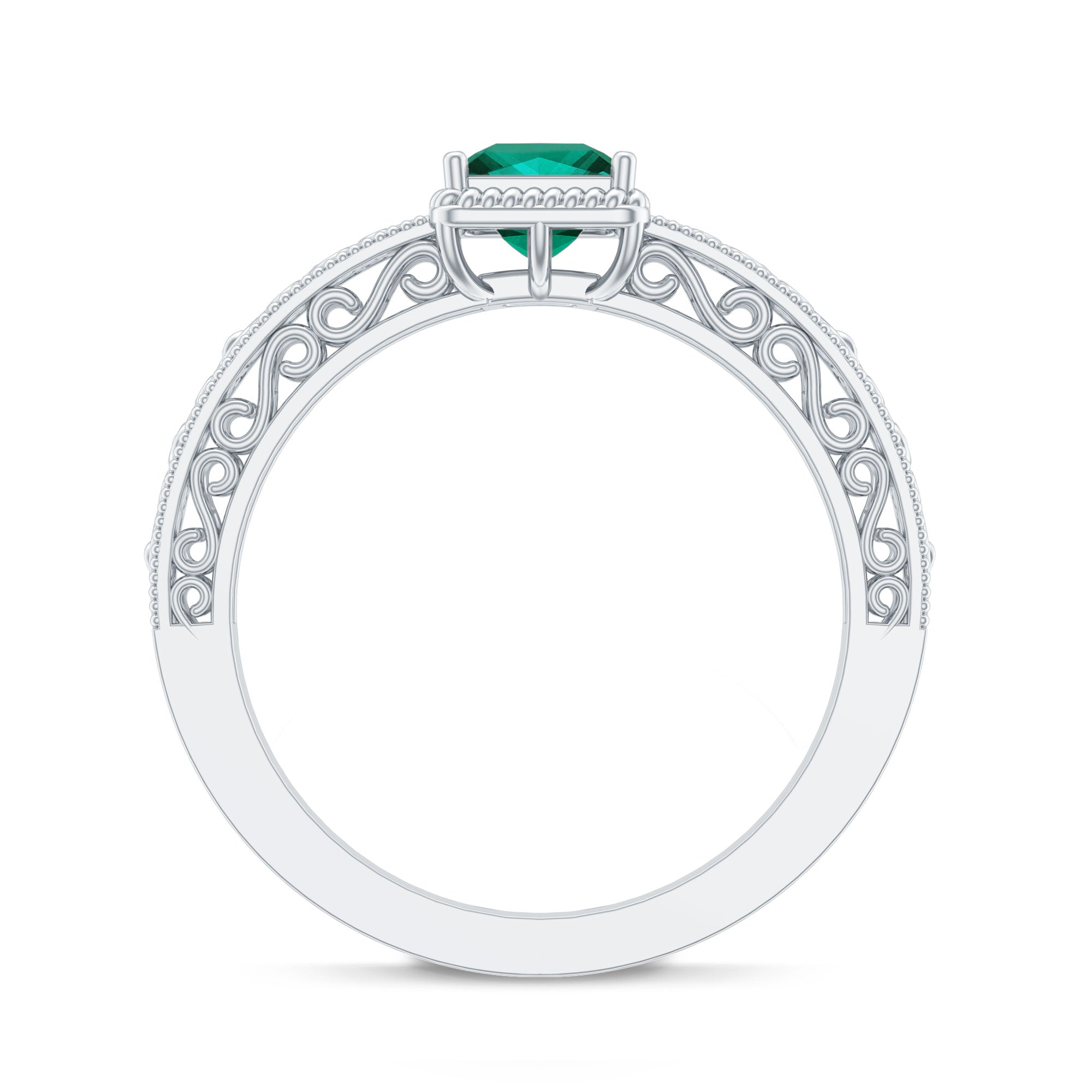 Vintage Inspired Princess Cut Lab Grown Emerald Promise Ring with Filigree Details