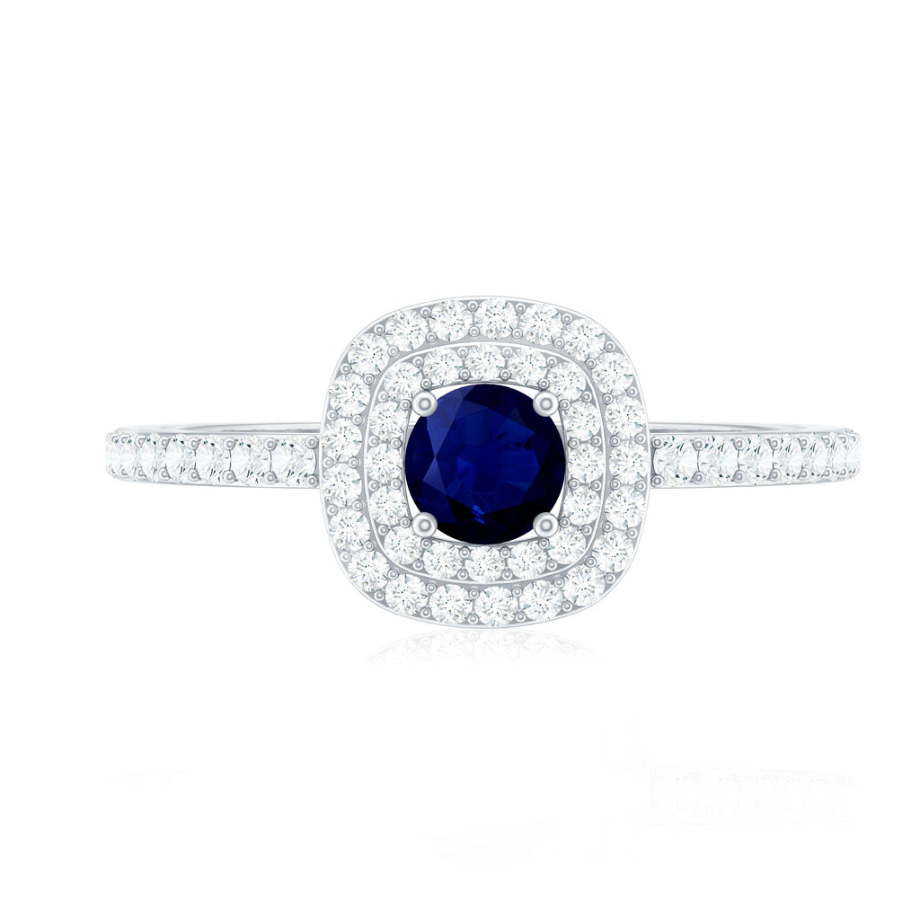 3/4 CT Classic Blue Sapphire Double Halo Engagement Ring with Diamond