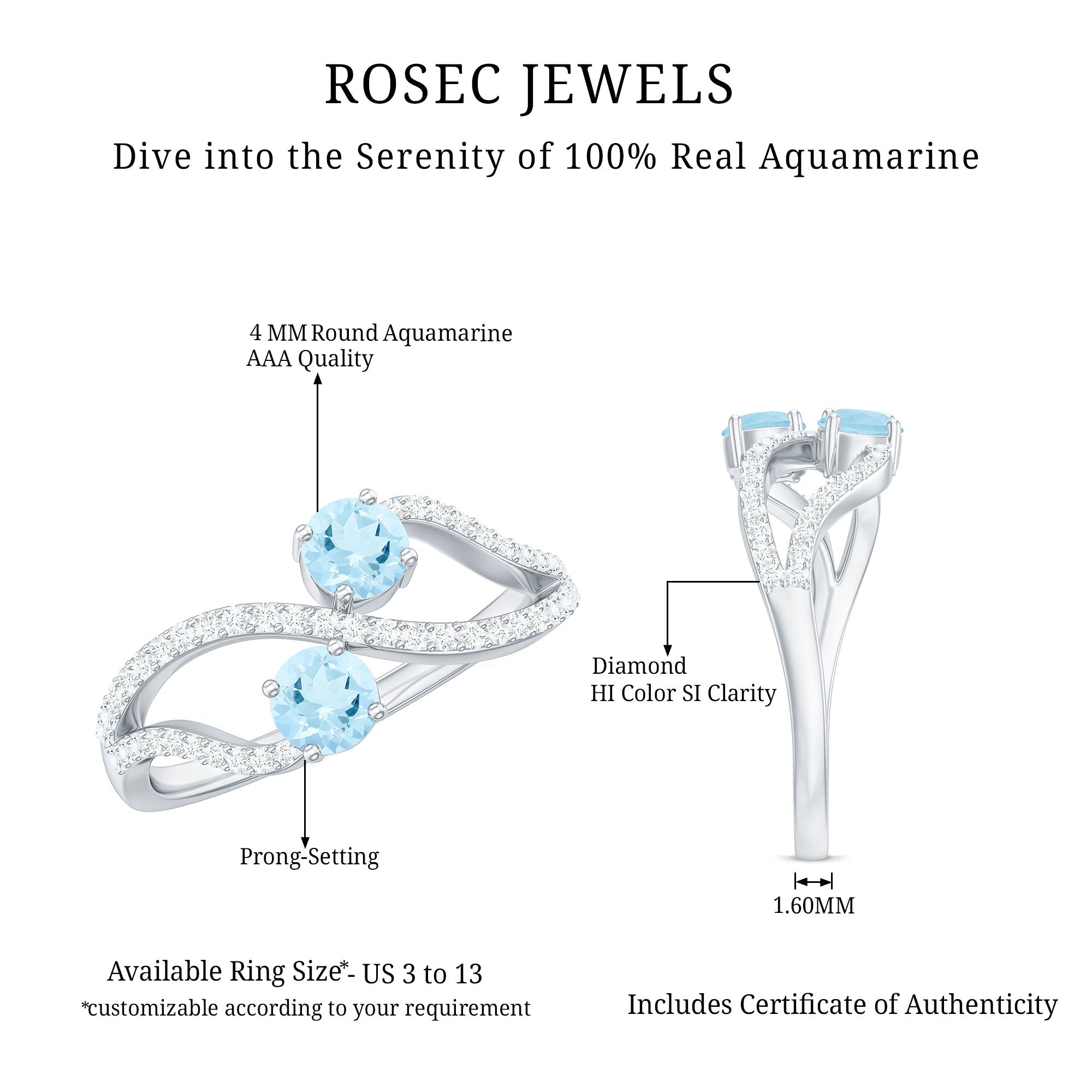 1 CT Minimal Aquamarine and Diamond Engagement Ring