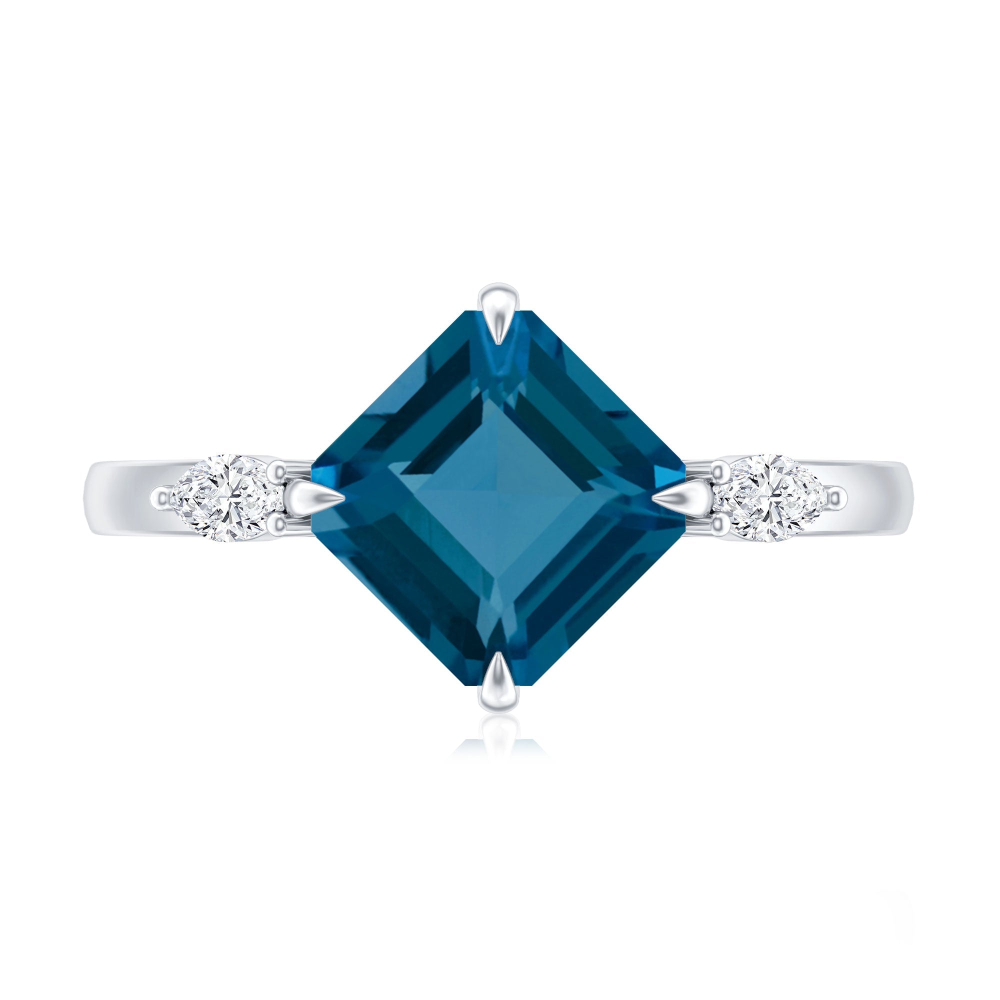 8mm Asscher Cut London Blue Topaz Diagonal Solitaire Ring with Marquise Diamond