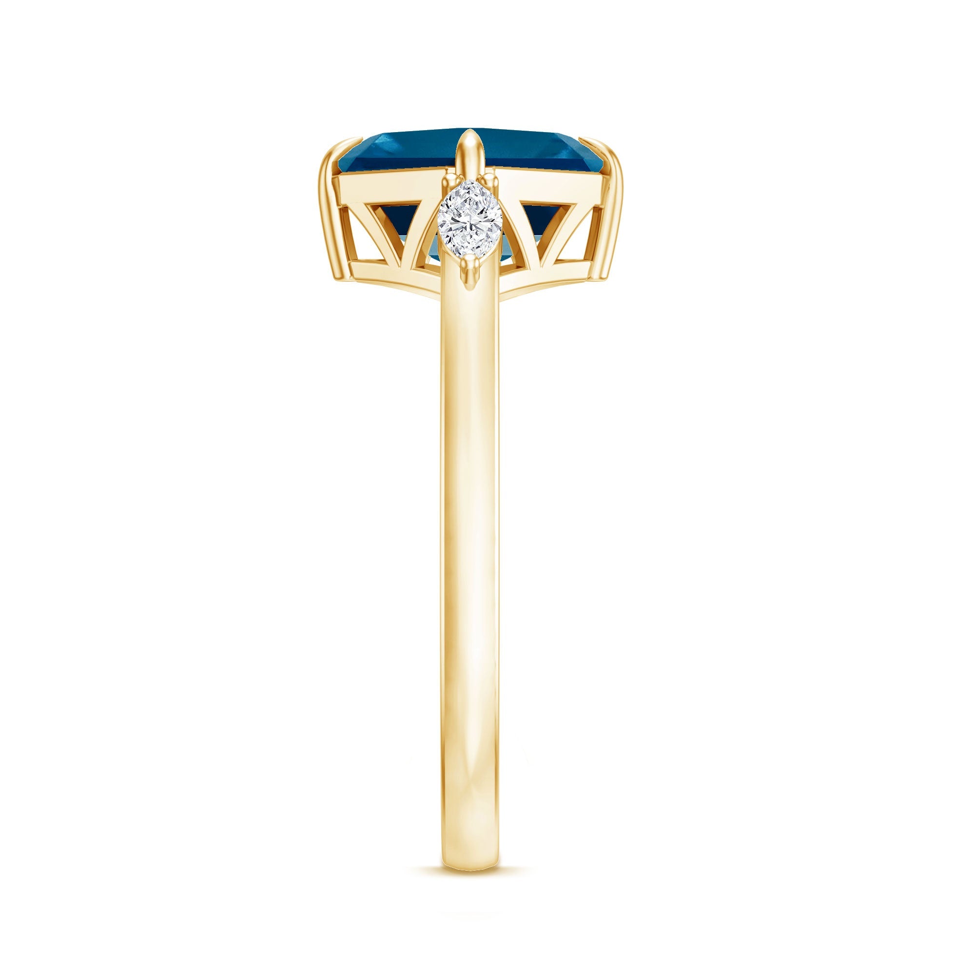 8mm Asscher Cut London Blue Topaz Diagonal Solitaire Ring with Marquise Diamond