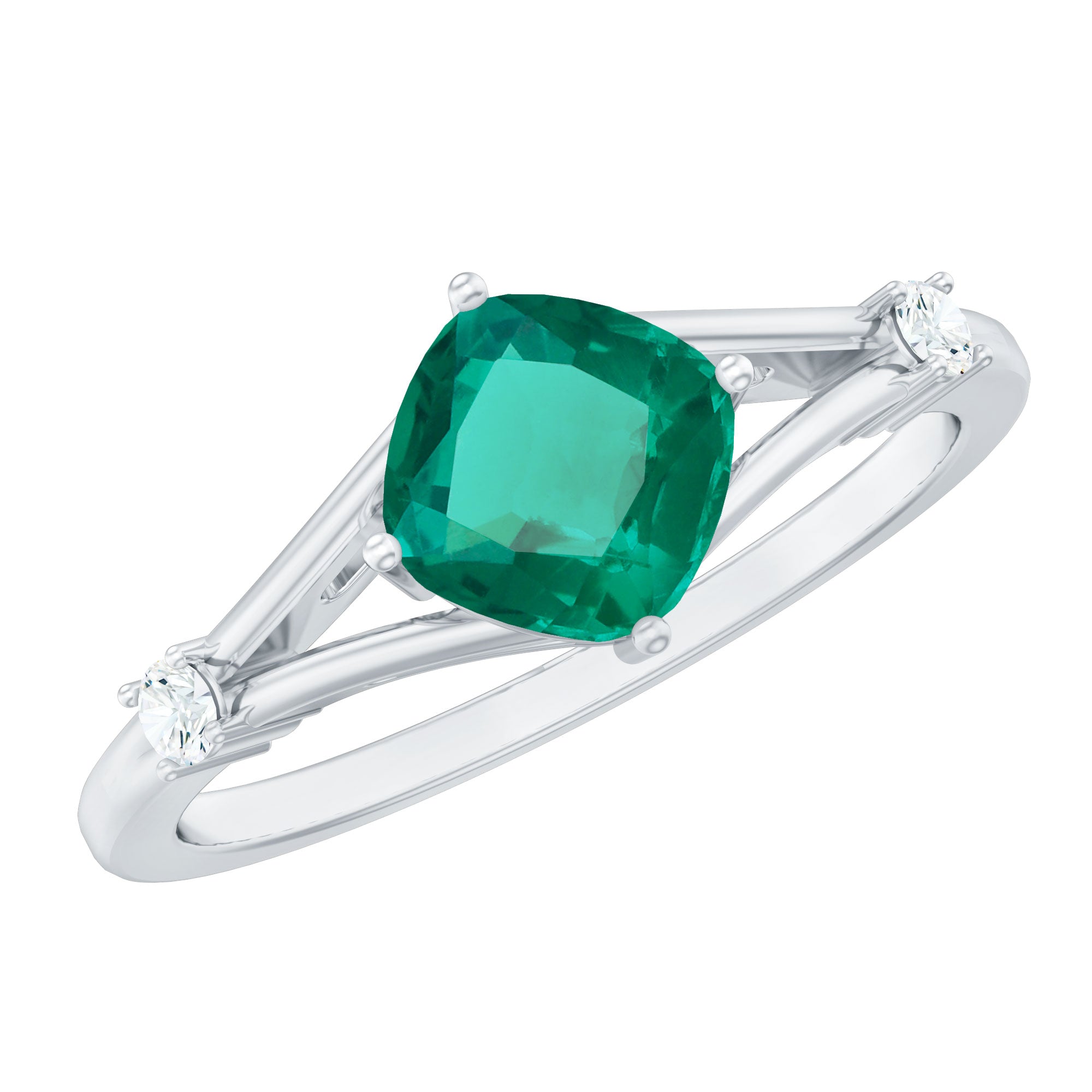 Certified 6 mm Cushion Cut Lab Grown Emerald Diamond Engagement Ring with Split Shank