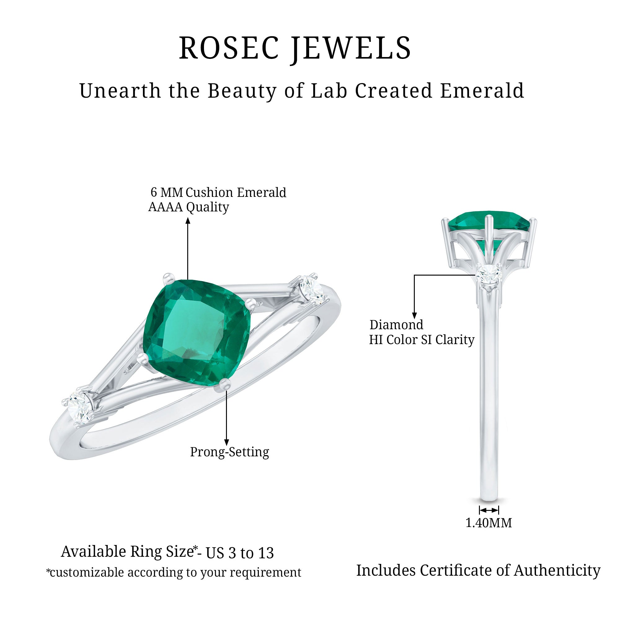 Certified 6 mm Cushion Cut Lab Grown Emerald Diamond Engagement Ring with Split Shank