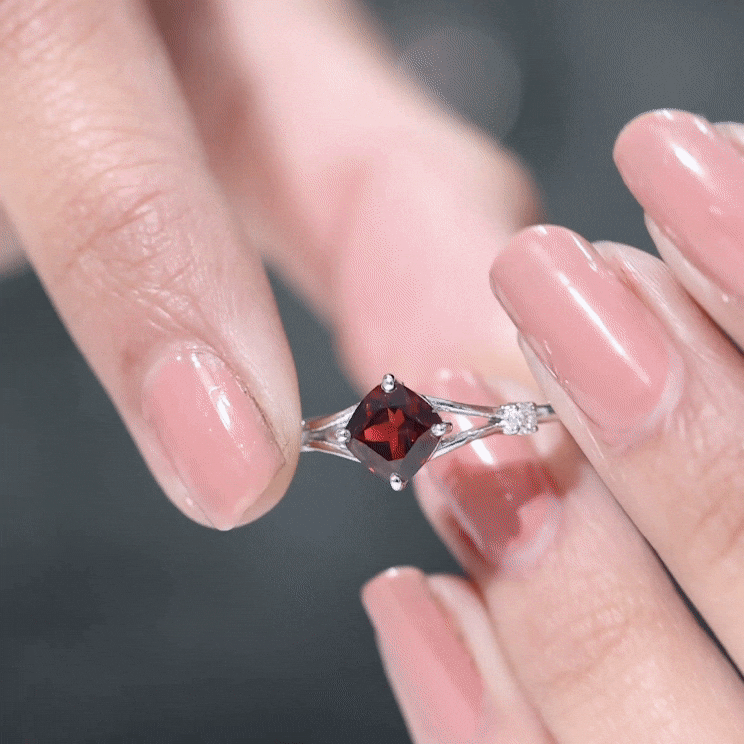 Genuine 8mm Garnet Diamond Cushion Cut Engagement Ring with Split Shank
