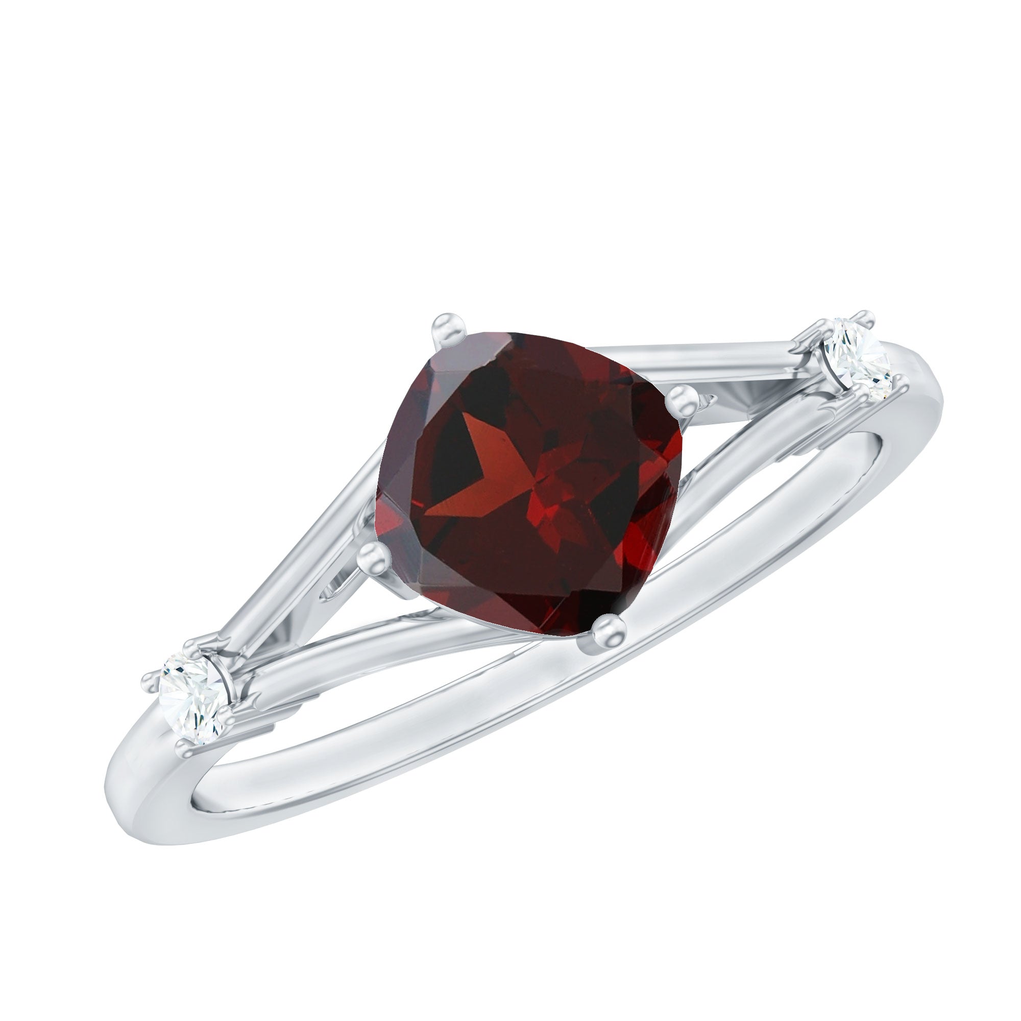 Genuine 8mm Garnet Diamond Cushion Cut Engagement Ring with Split Shank
