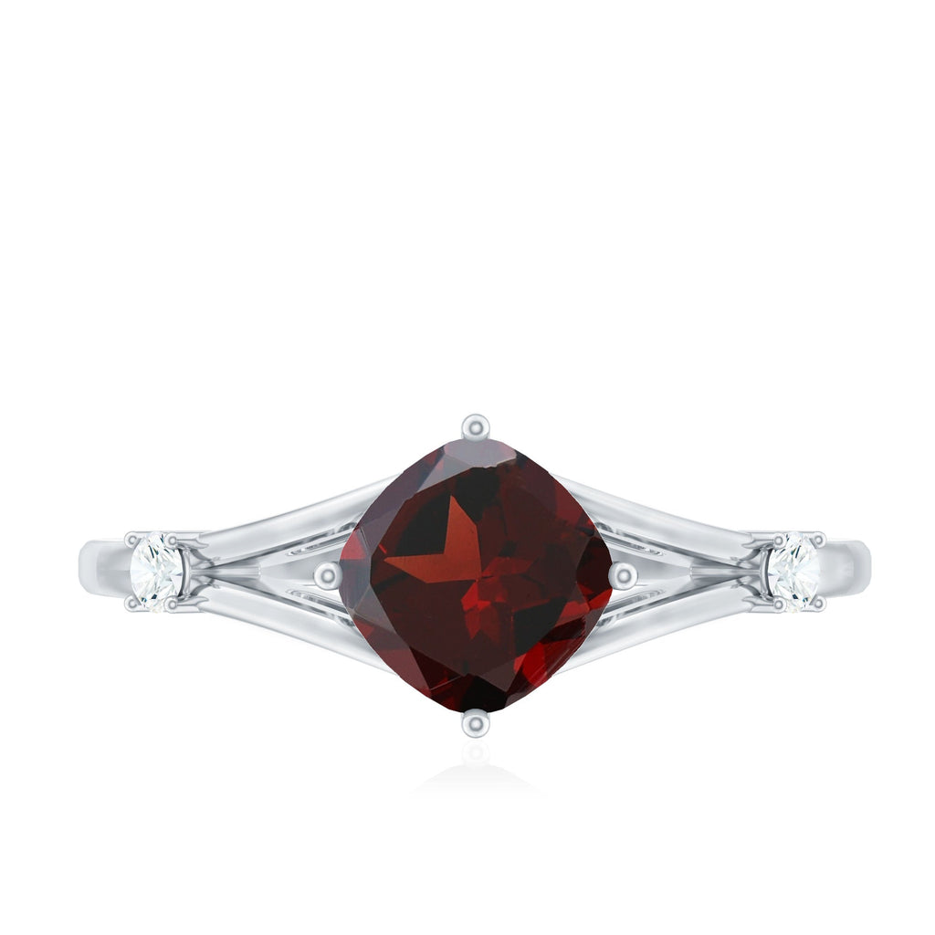 Genuine 8mm Garnet Diamond Cushion Cut Engagement Ring with Split Shank