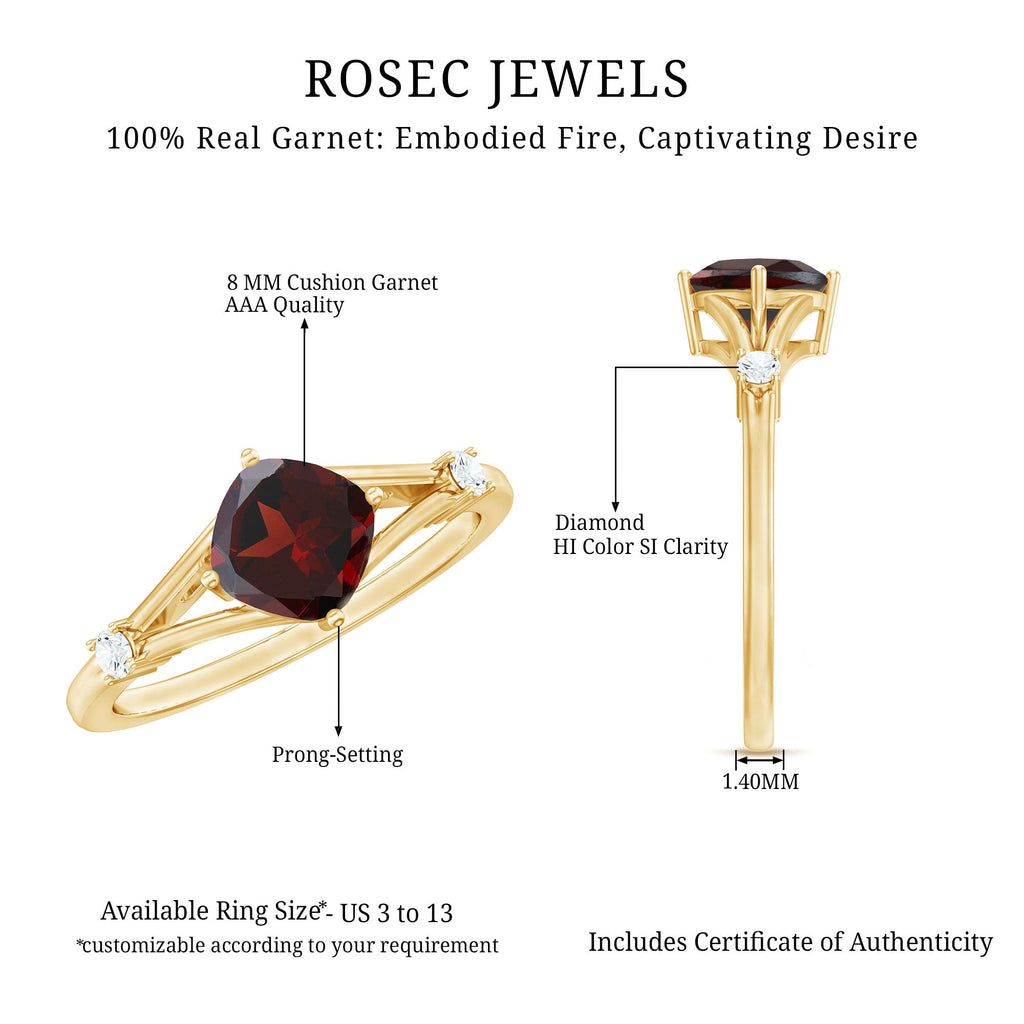 Genuine 8mm Garnet Diamond Cushion Cut Engagement Ring with Split Shank